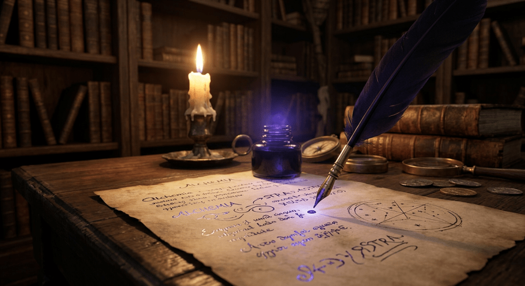 Quill pen writing alchemy notes on parchment with ink, candle, and old books