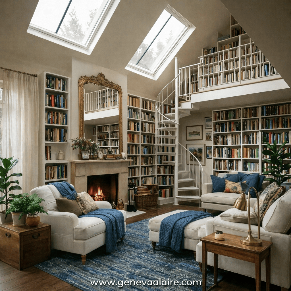 Cozy living room with white armchairs, blue blankets, a fireplace, spiral staircase, and bookshelves filled with books